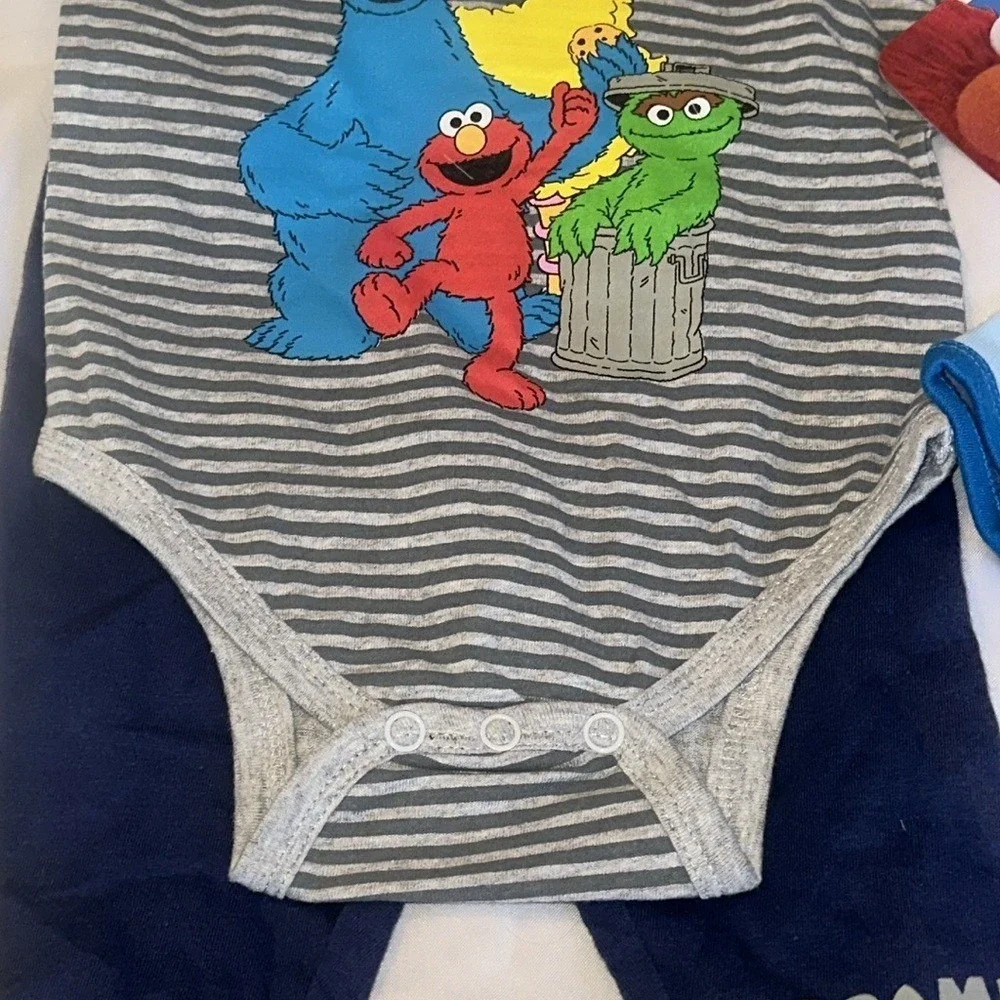 Sesame Street Baby Boy 3 Piece Set Elmo Cookie Monster Gray Navy Blue 6-9 Months